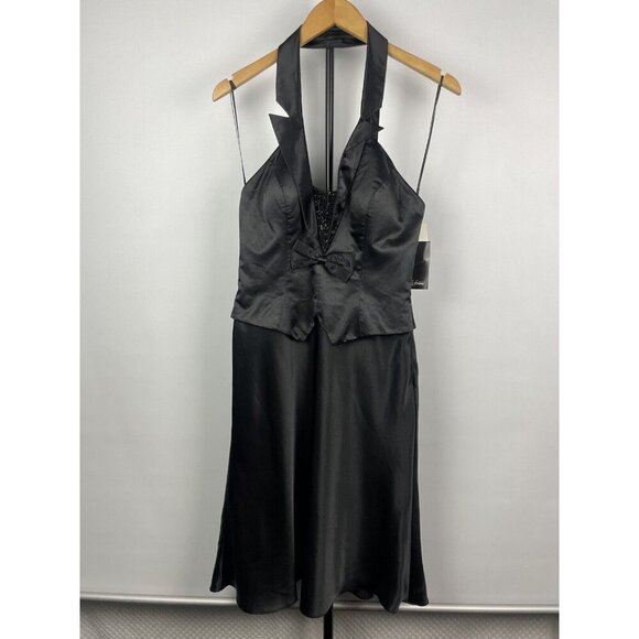 La Femme Black Satin Collared Halter Formal Beaded Cocktail Mini Dress Size S